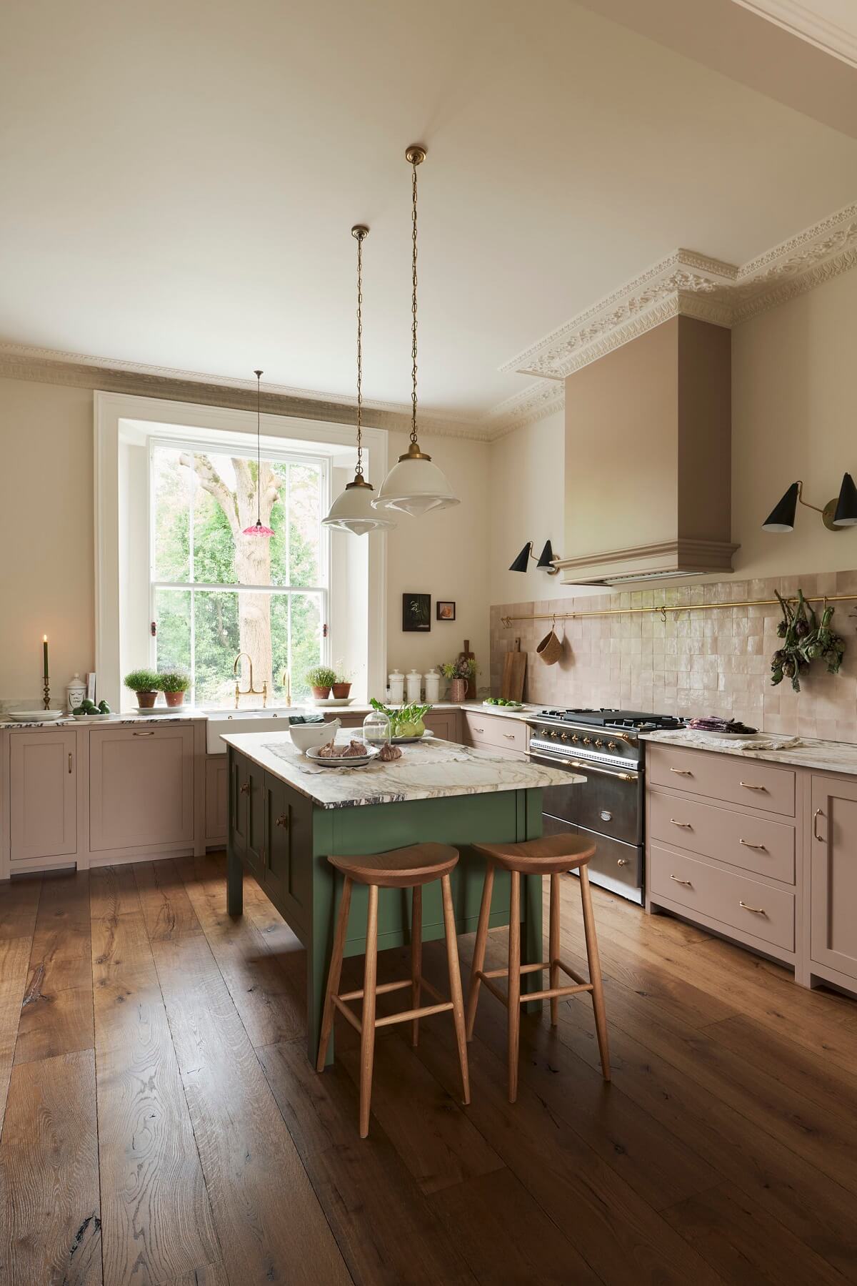 green kitchen island and pink shaker cabinets devol kitchens nordroom