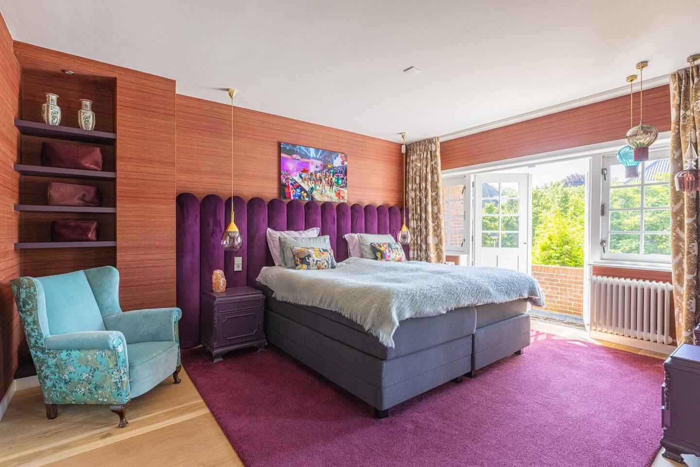 master bedroom purple rug and headboard