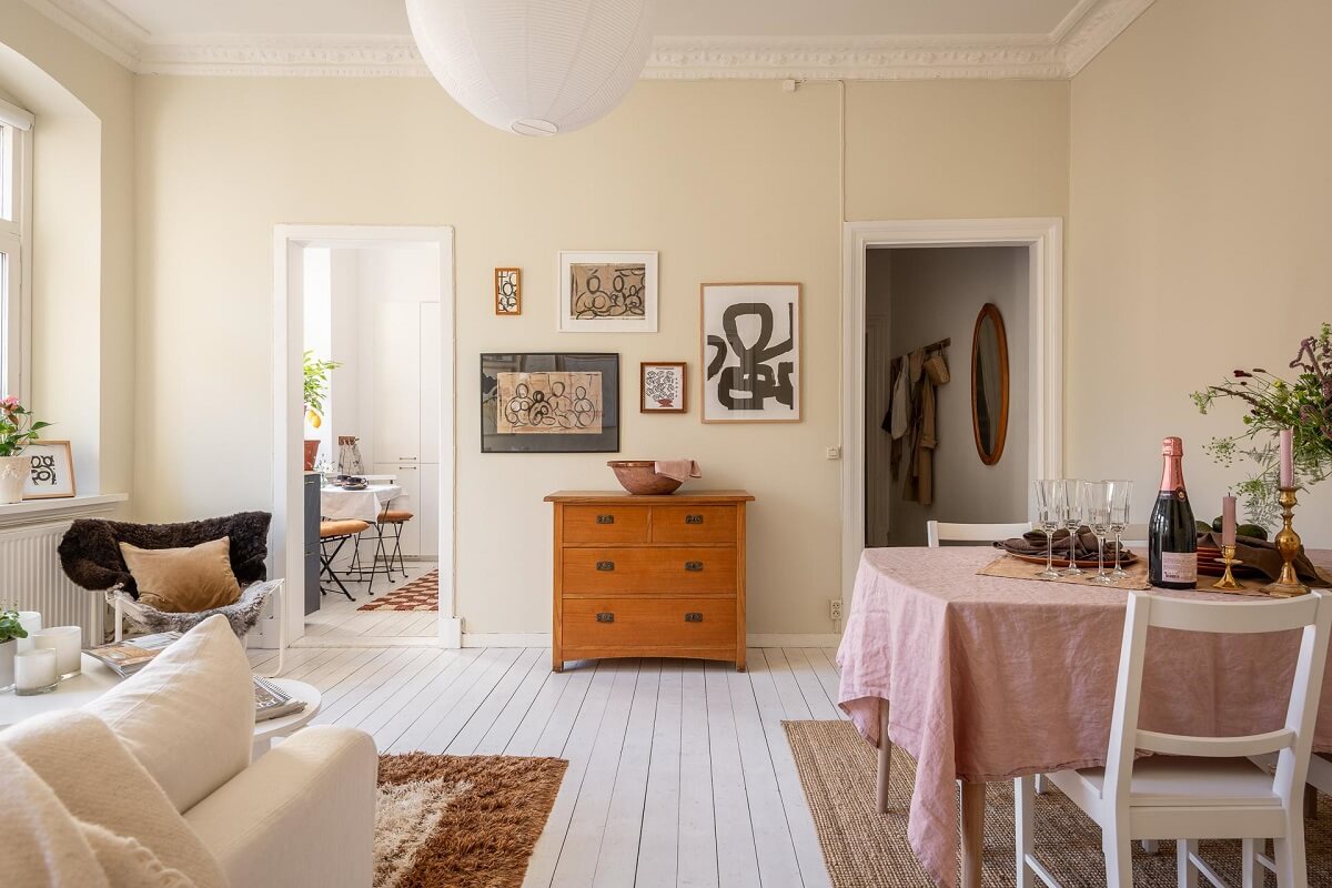 beige living room with white wooden floor nordroom