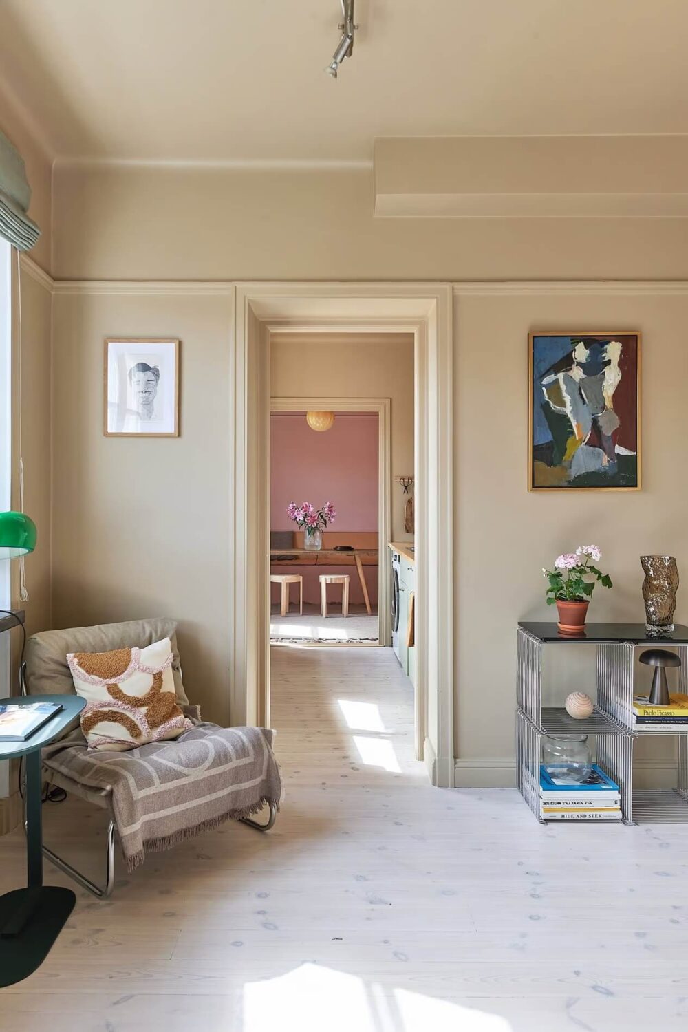 beige siting room with painted ceiling