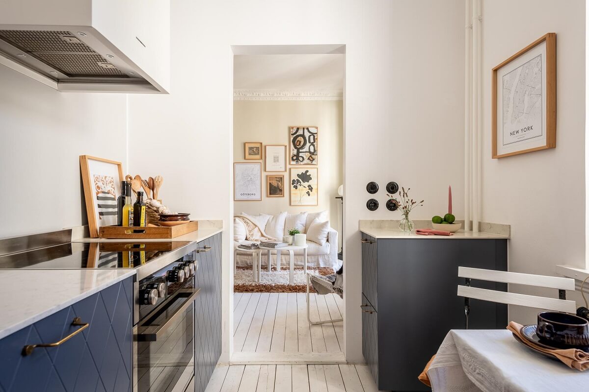 blue cabinets swedish apartment