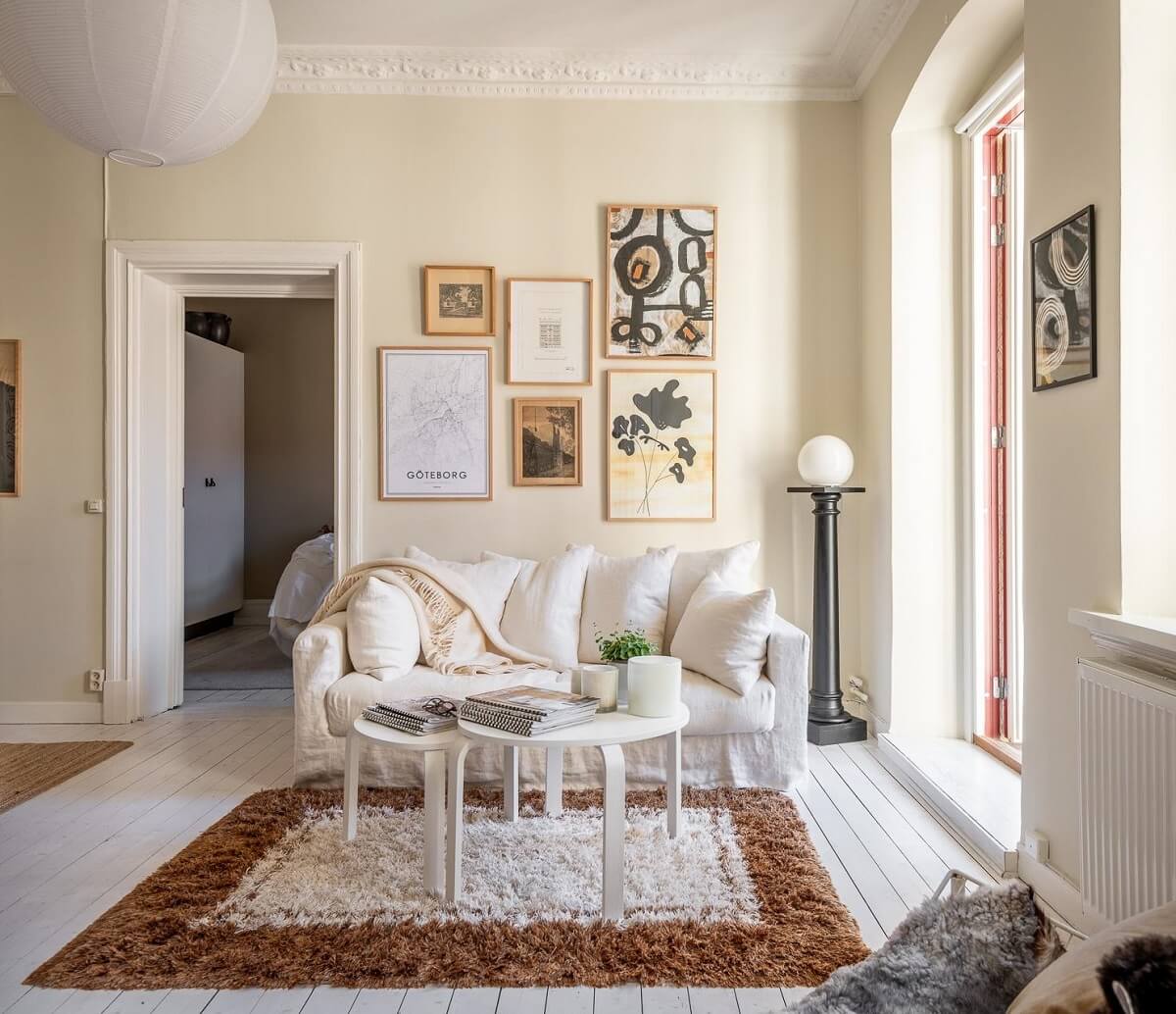 gallery wall beige paint living room nordroom