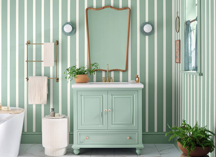 hgtv home color of the year 2025 Quietude stripes bathroom nordroom HGTV Home by Sherwin-Williams Color of the Year 2025: Quietude