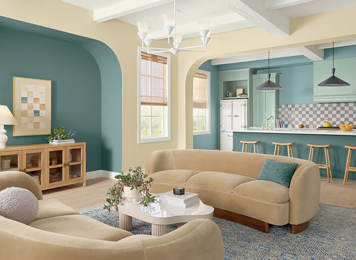 hgtv home color trends 2025 blue and yellow living room nordroom HGTV Home by Sherwin-Williams Color of the Year 2025: Quietude