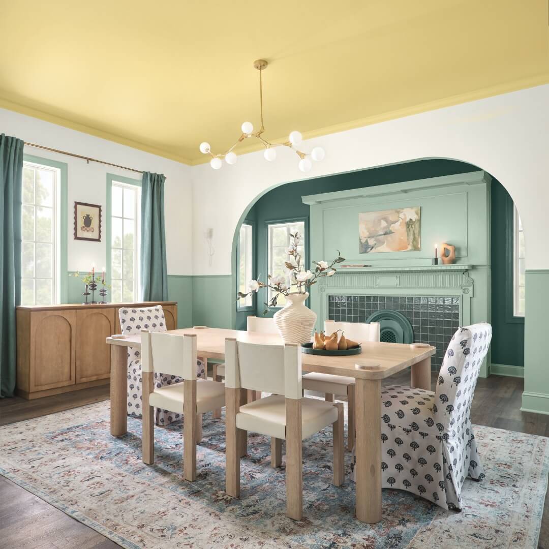hgtv home color trends 2025 dining space yellow ceiling nordroom