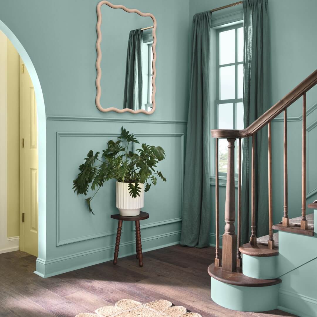 hgtv home color trends 2025 hallway stairs delft wall color nordroom HGTV Home by Sherwin-Williams Color of the Year 2025: Quietude
