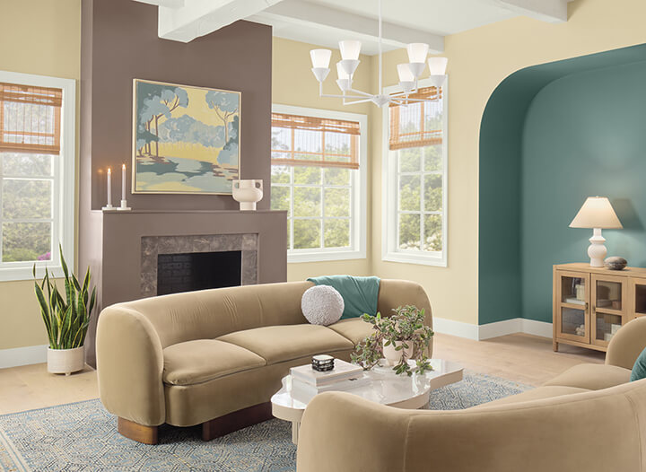 hgtv home color trends 2025 yellow blue living room fireplace nordroom HGTV Home by Sherwin-Williams Color of the Year 2025: Quietude