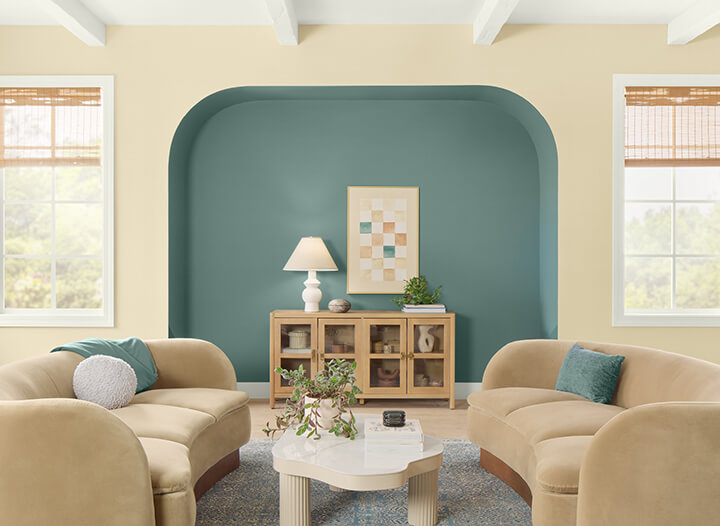 hgtv home color trends 2025 yellow blue living room nordroom HGTV Home by Sherwin-Williams Color of the Year 2025: Quietude