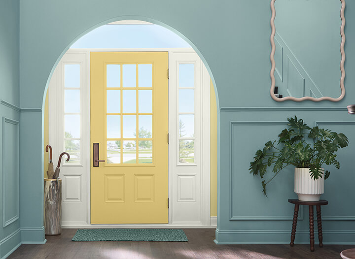 hgtv home color trends 2025 yellow front door nordroom HGTV Home by Sherwin-Williams Color of the Year 2025: Quietude