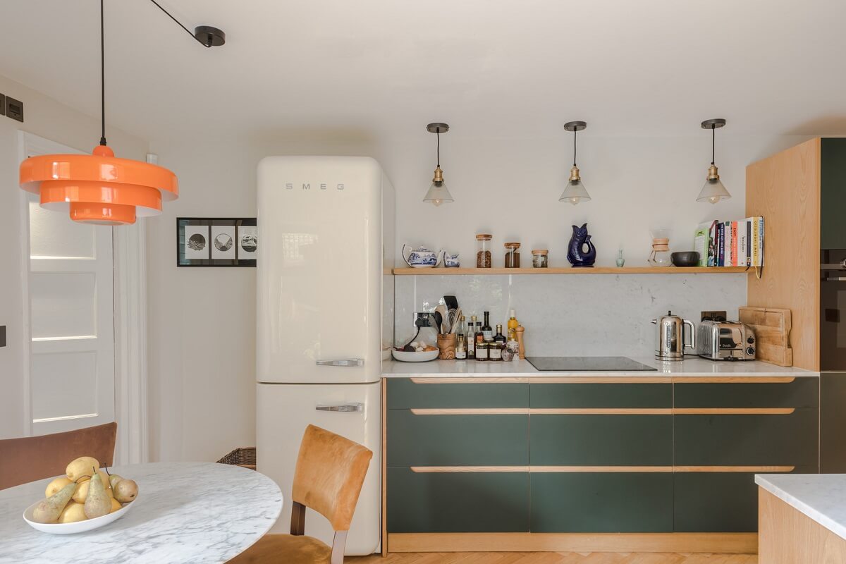 kitchen with olive green cabinets and shelf nordroom