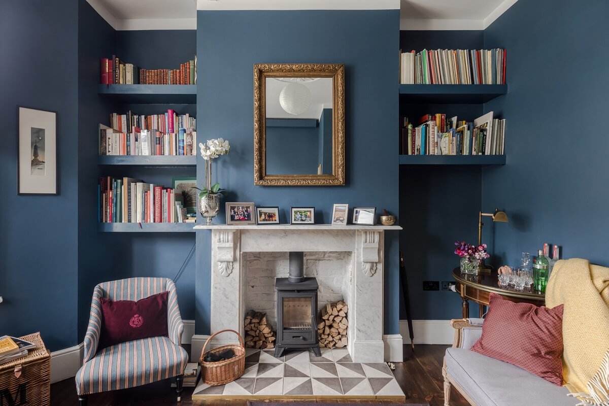 small blue living room with fireplace and bookshelves nordroom