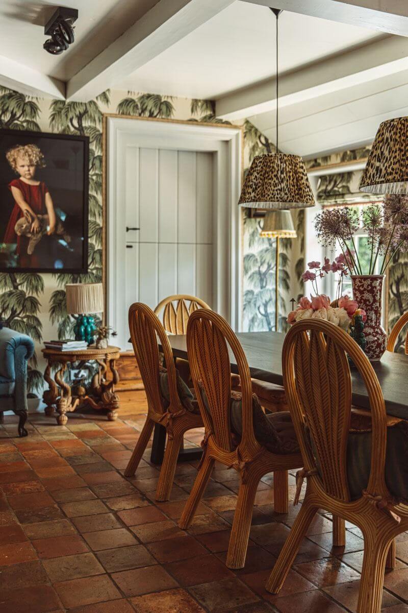 boho style dining room stone floor wallpaper