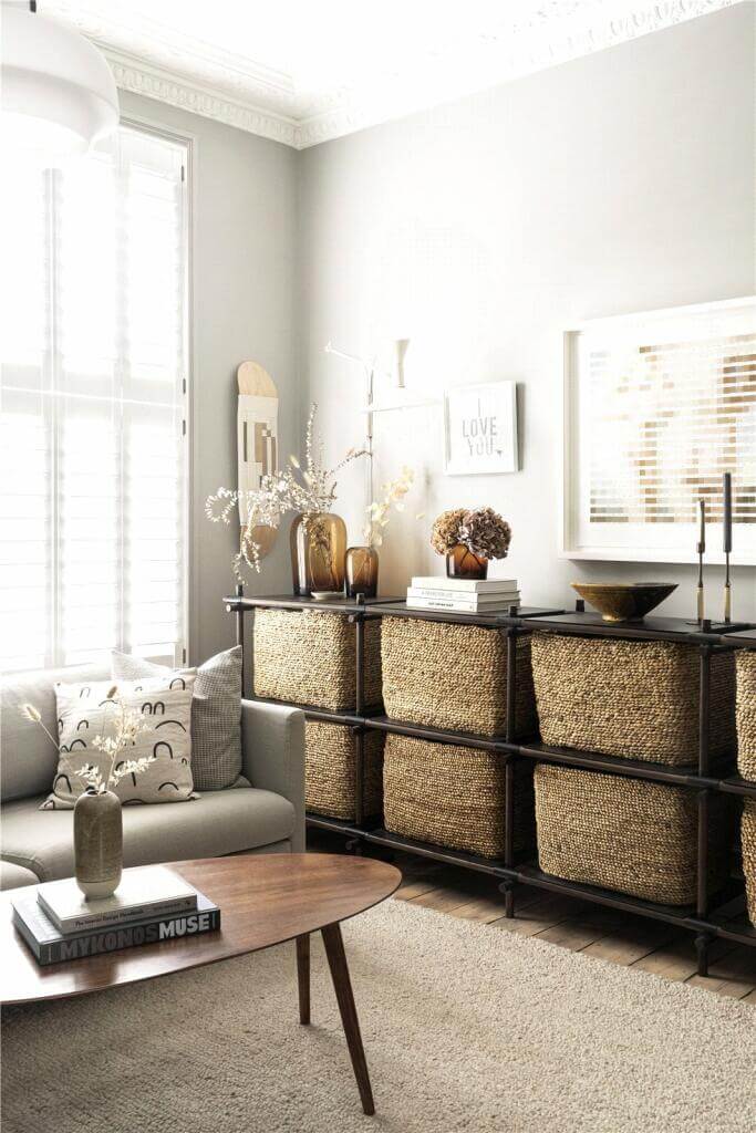 light gray living room jute rug natural storage baskets