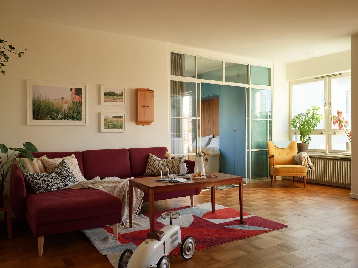 living room parquet floor red sofa