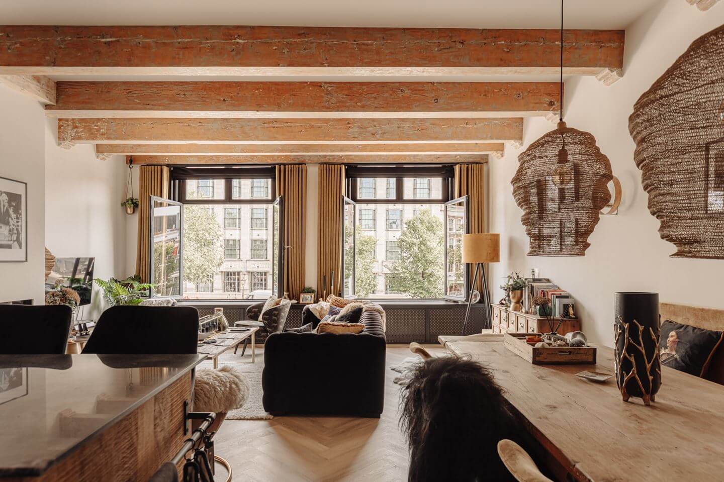 open plan living space wooden beams
