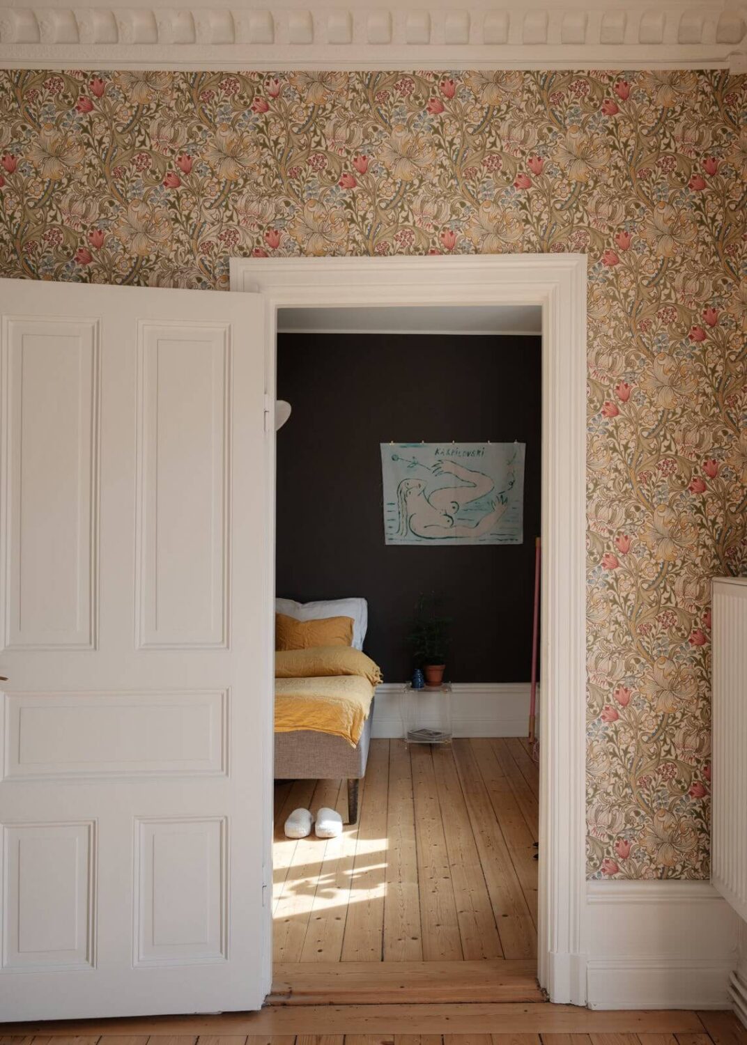 view into moody bedroom