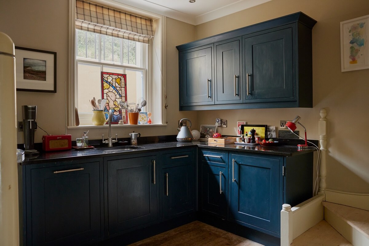 blue painted kitchen cabinets