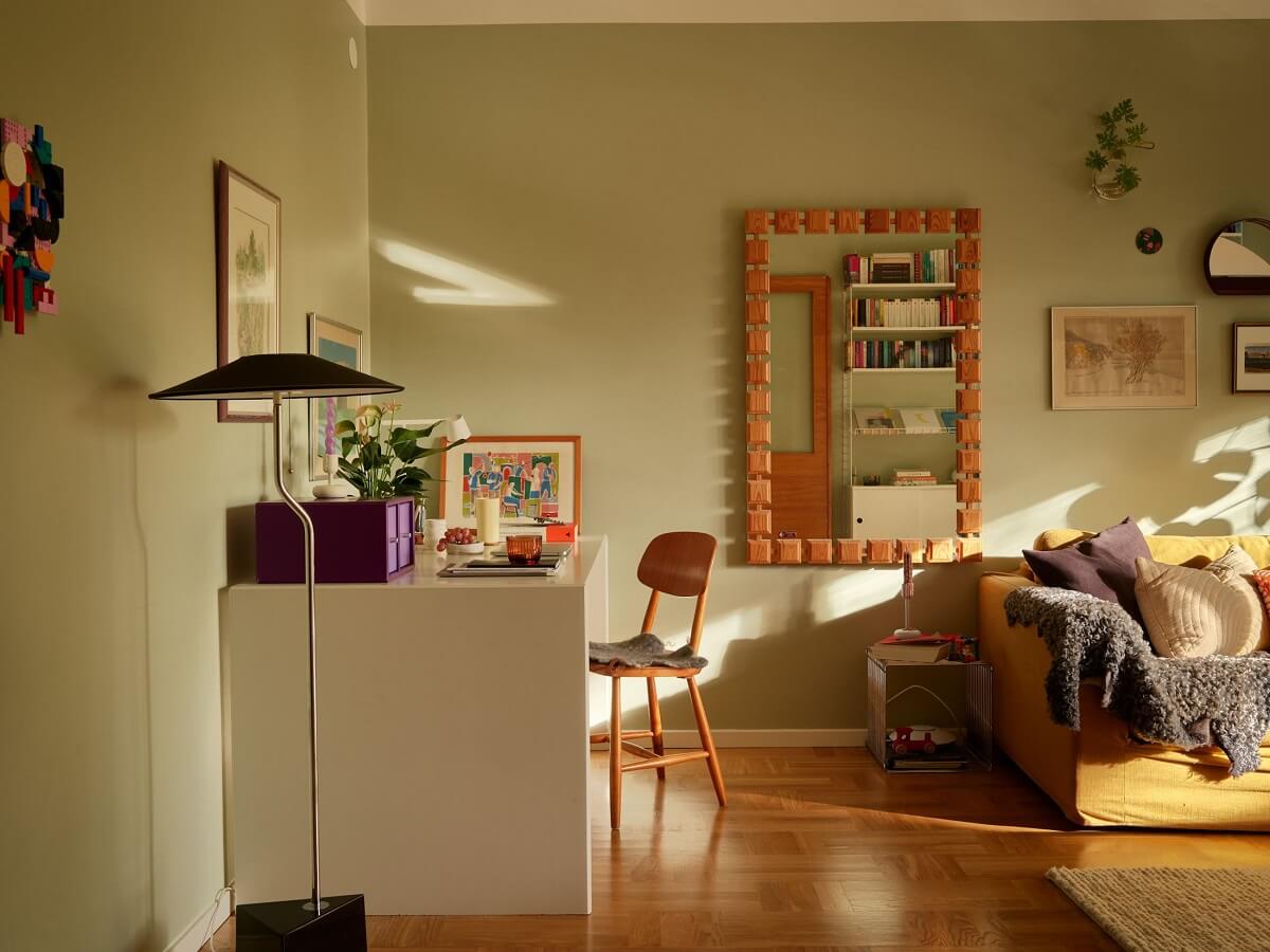 green living room with desk