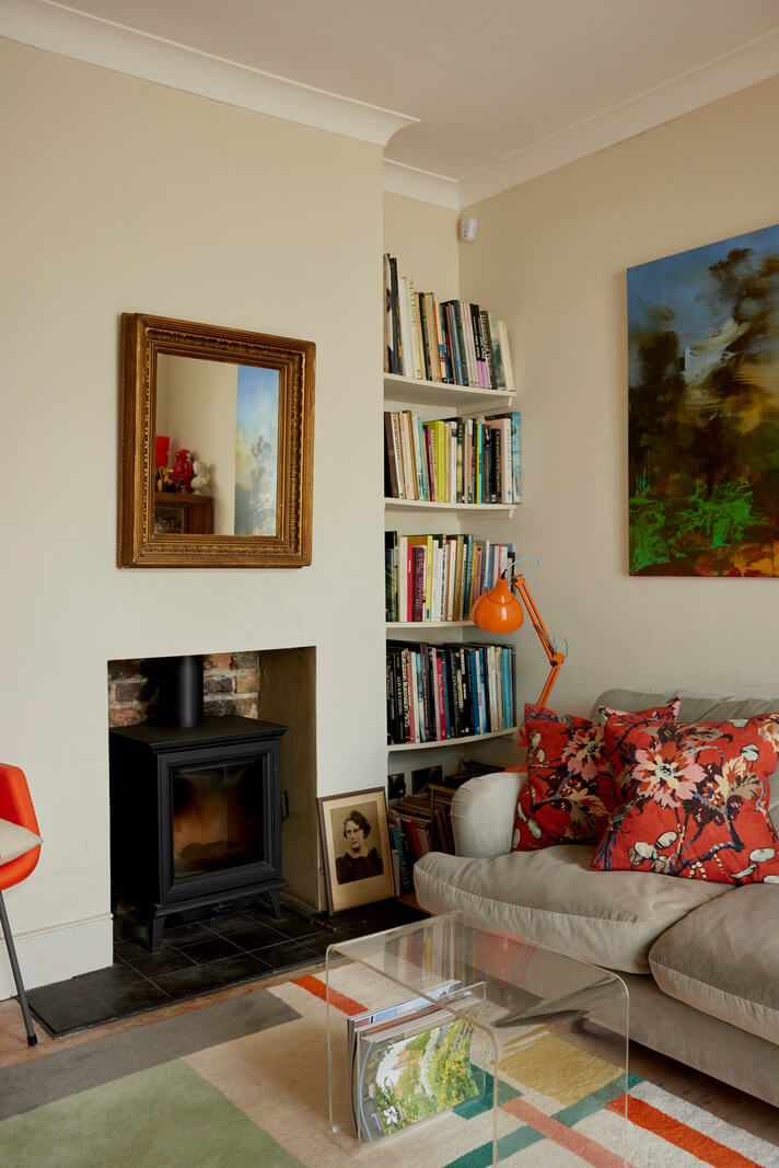living room bookshelves wood burner