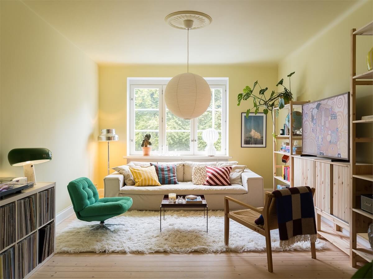 scandi living room with pastel yellow walls nordroom