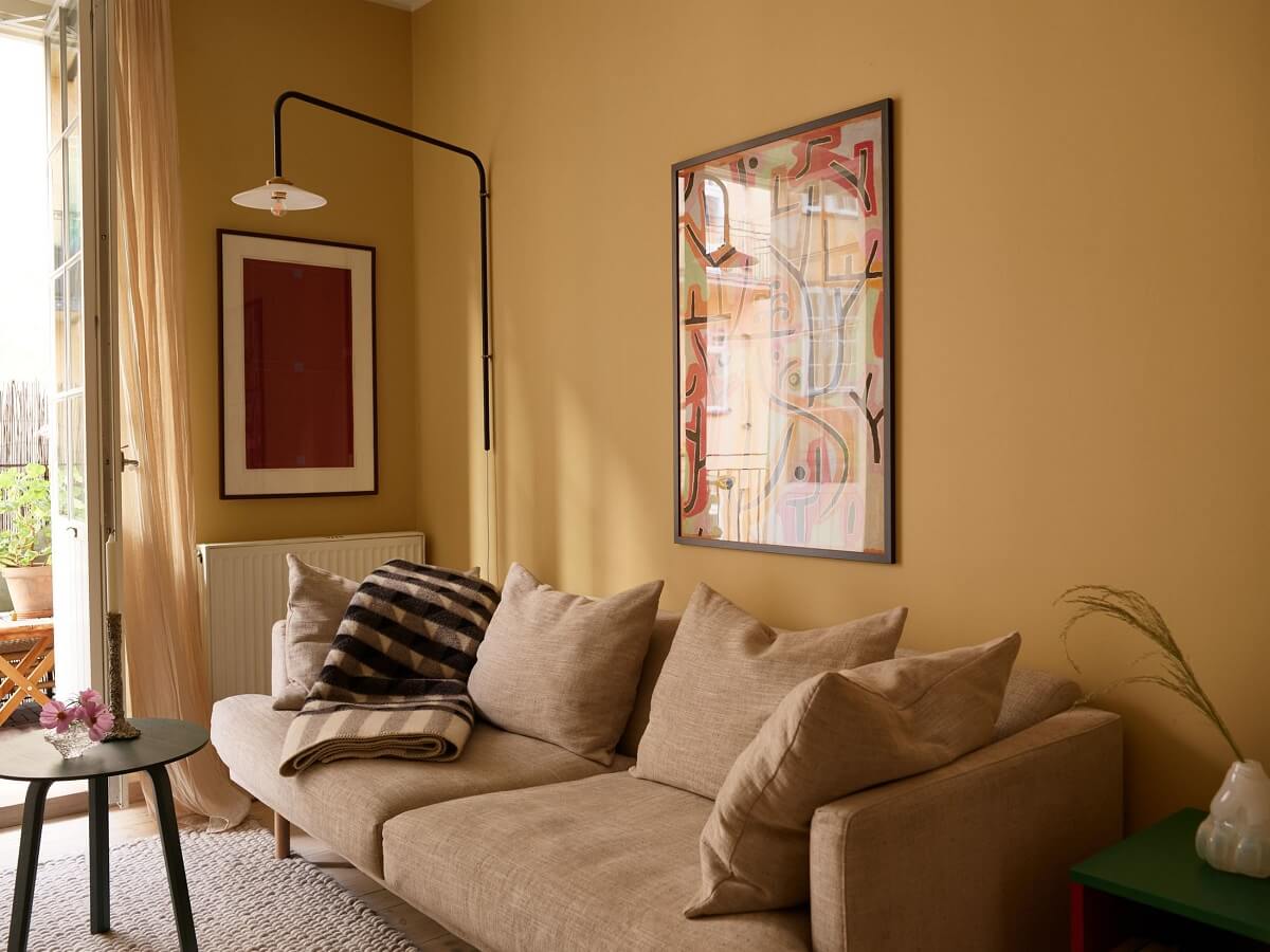 scandi studio apartment golden yellow walls