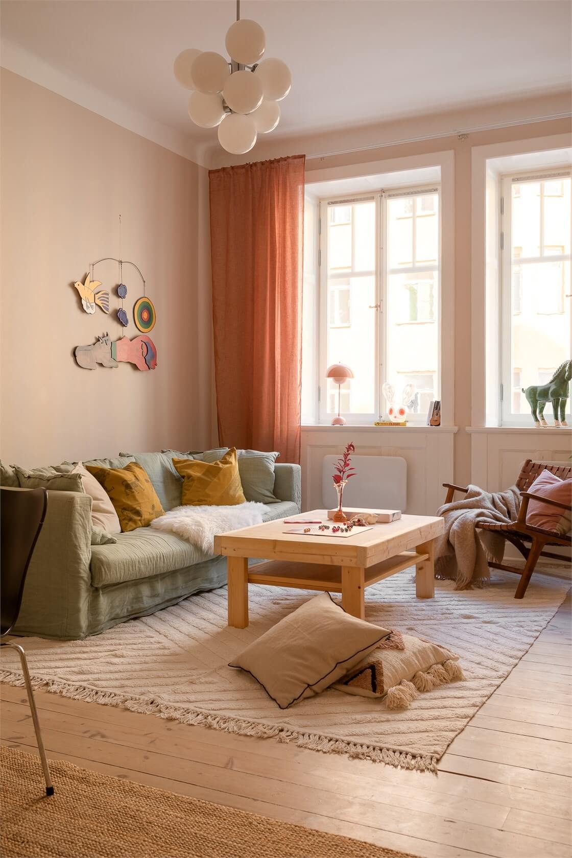 scandinavian living room terracotta curtains