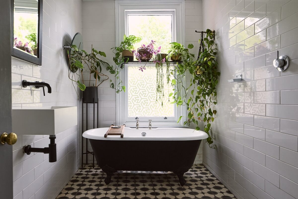 bathroom with plants and black freestanding bath