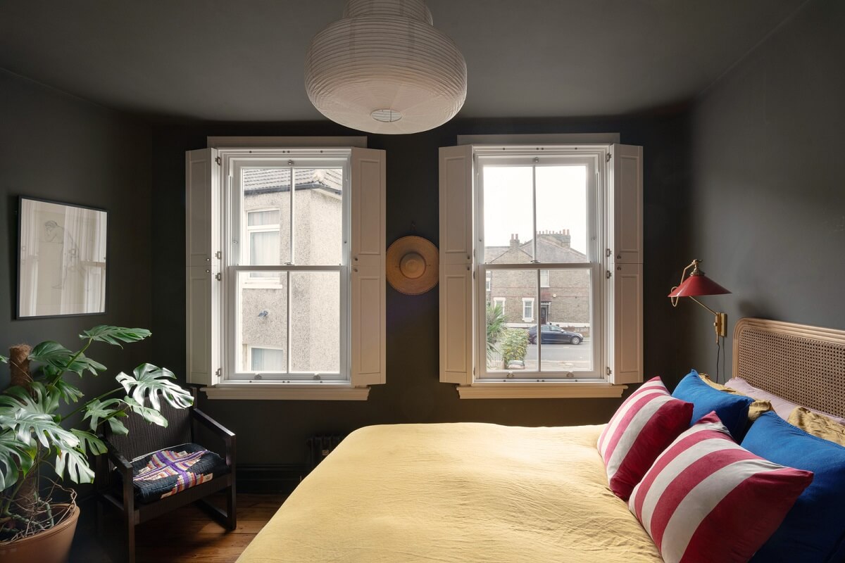 dark gray color drenched bedroom