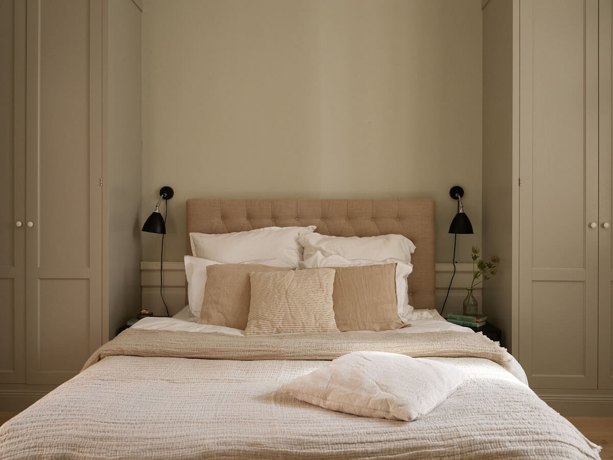 gray bedroom with built in wardrobes