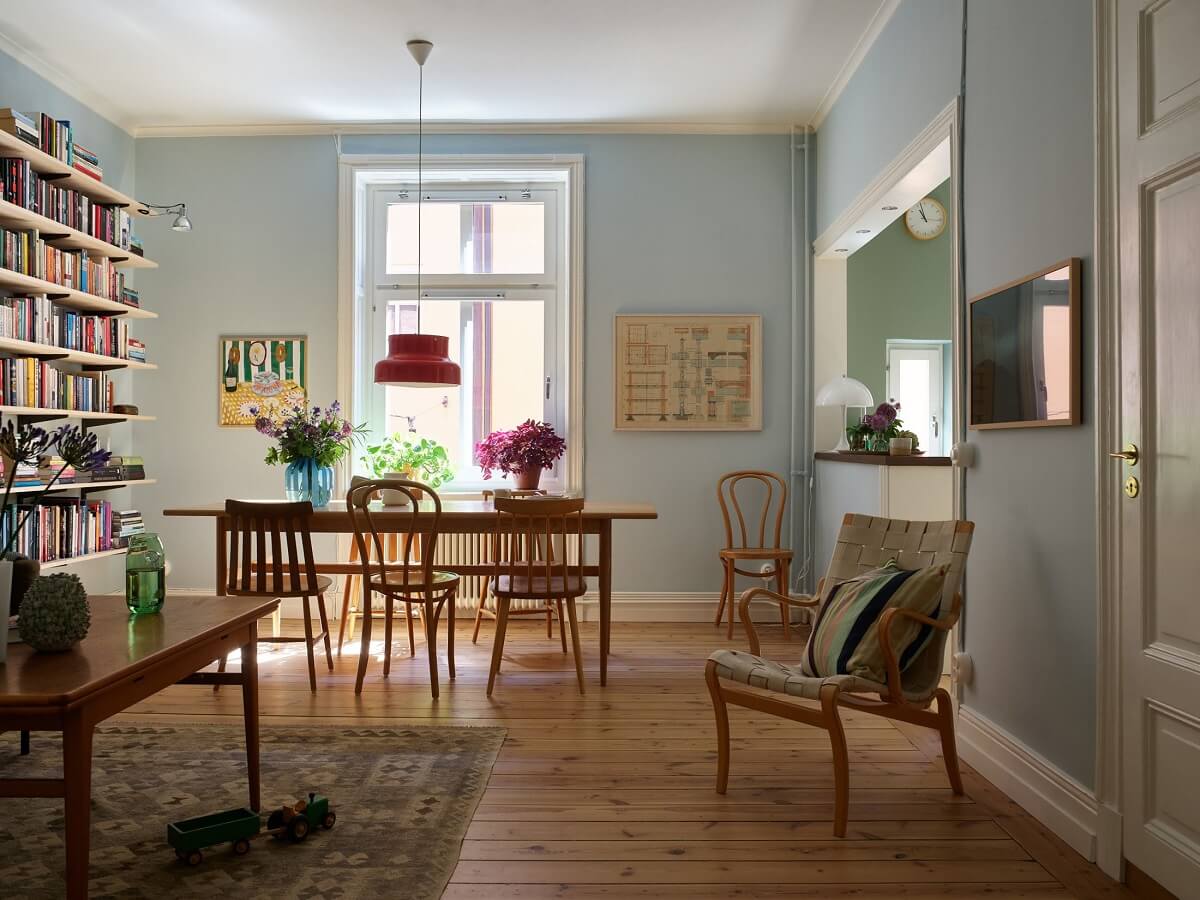 open plan living room light blue walls