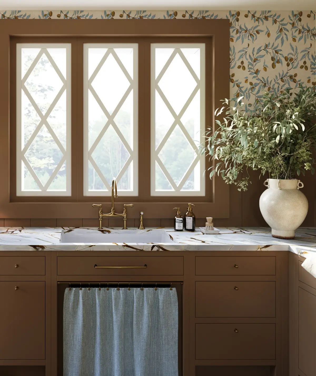 brown kitchen with sink under window pantone mocha moussa 2025 color interior inspiration