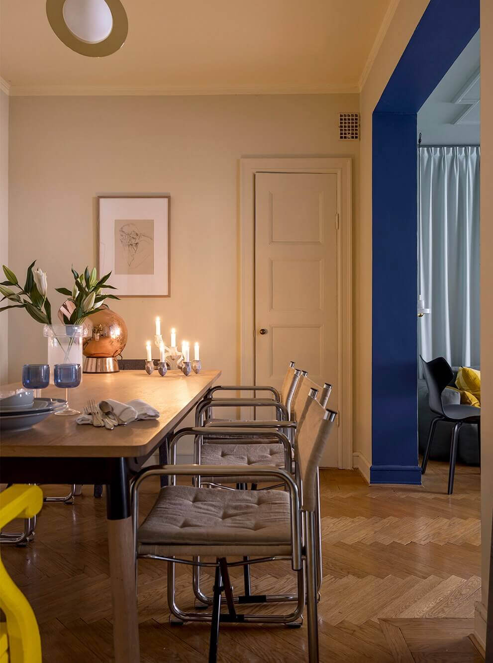 cozy dining room and kobalt blue doorway