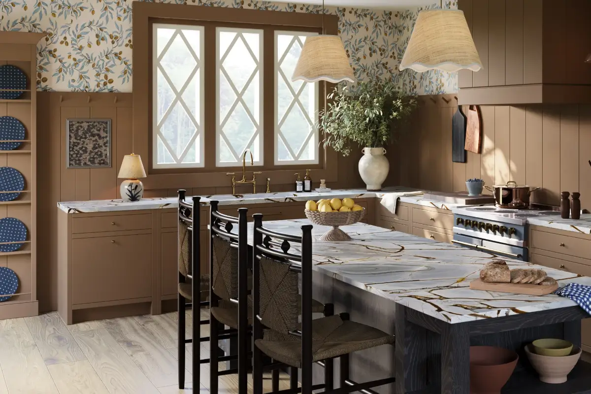 isla porter brown kitchen with island katherine pecan wallpaper mocha mousse pantone 2025 color interior inspiration nordroom