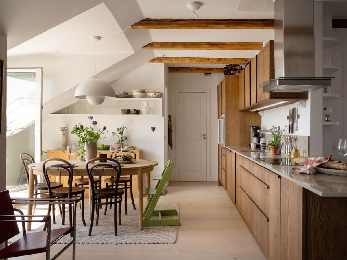 kitchen dining room with exposed beams