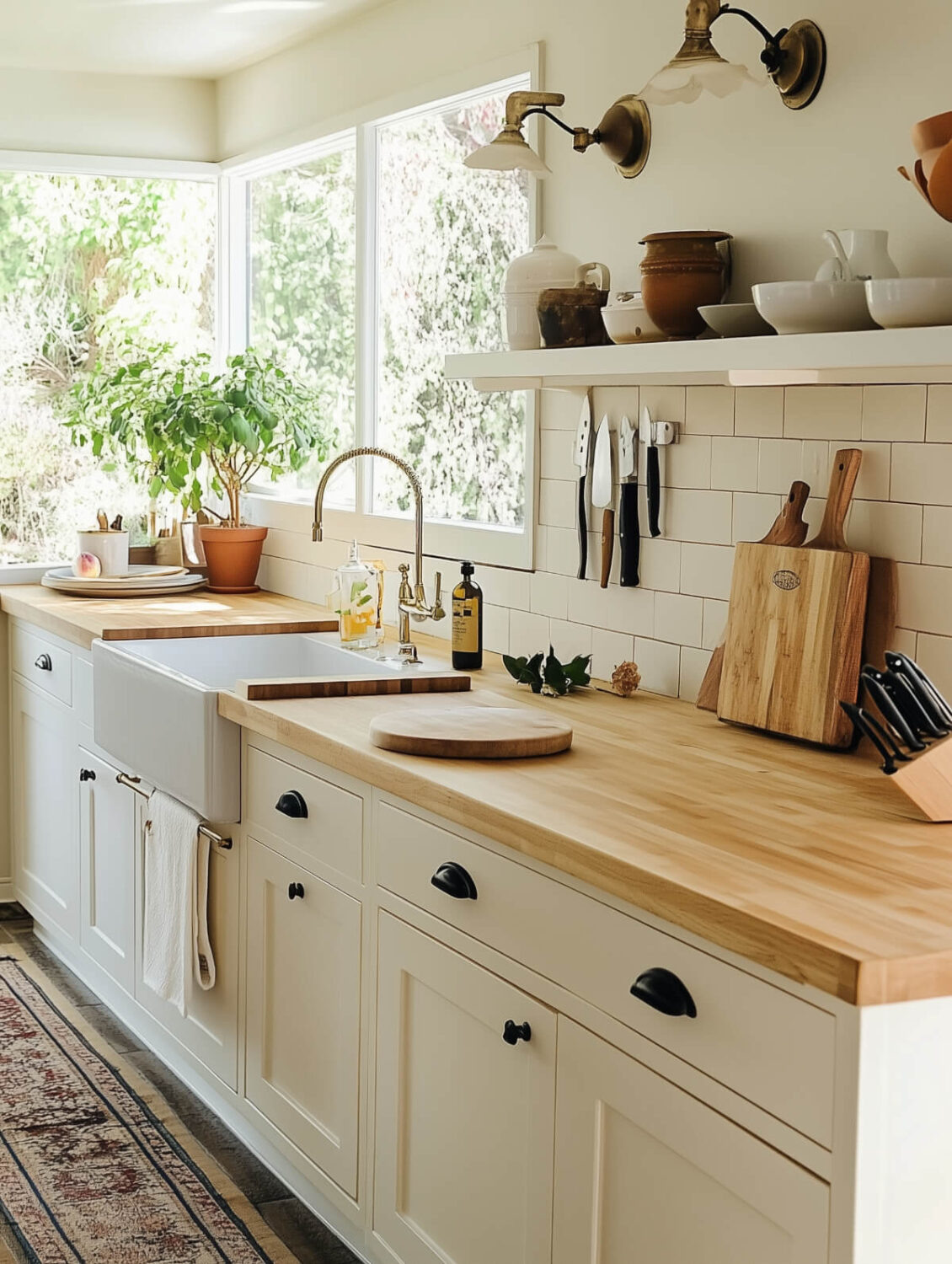 light farmhouse style kitchen with beech worktop nordroom The Pros and Cons of a Wooden Kitchen Countertop