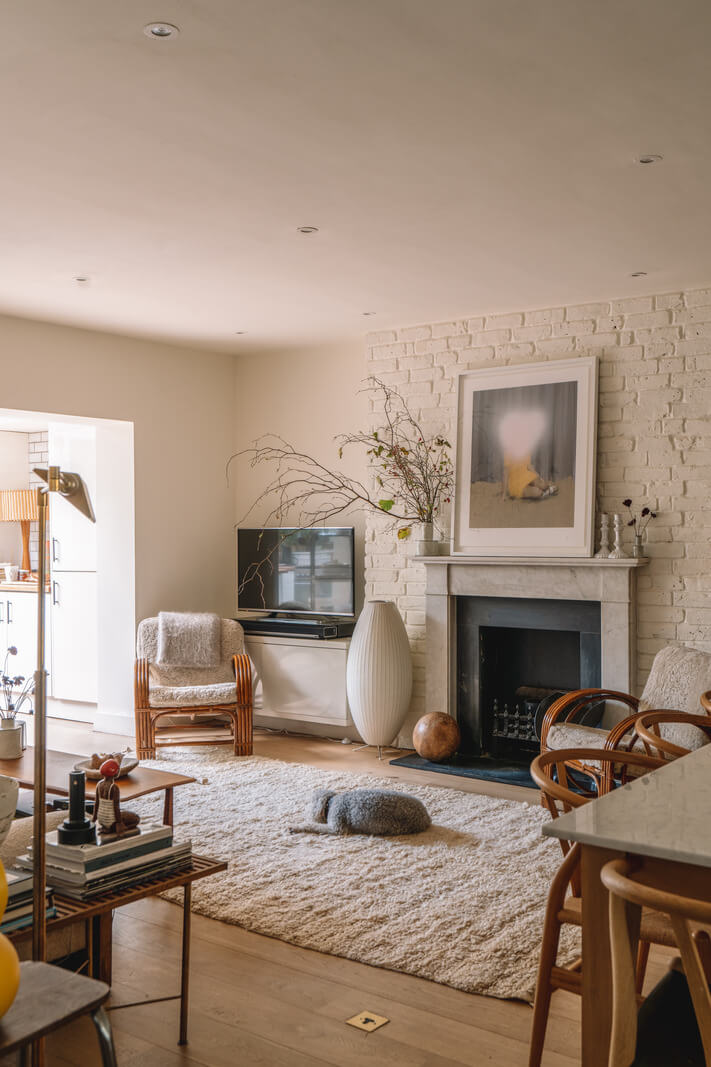 living room centered around fireplace
