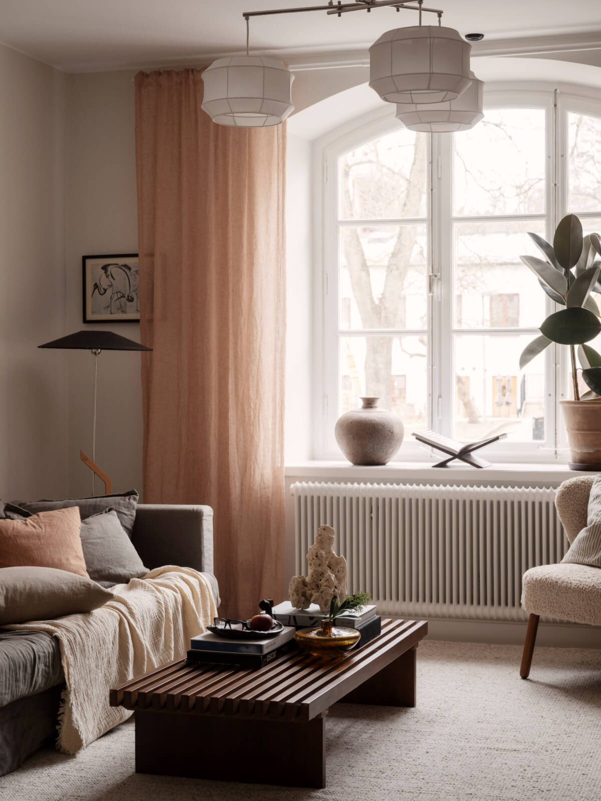 scandi living room with light terracotta curtains