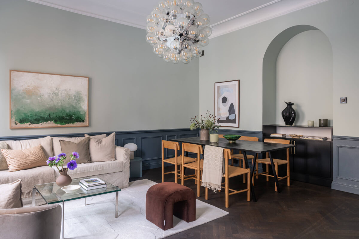 stylish scandi living room with wooden dining table