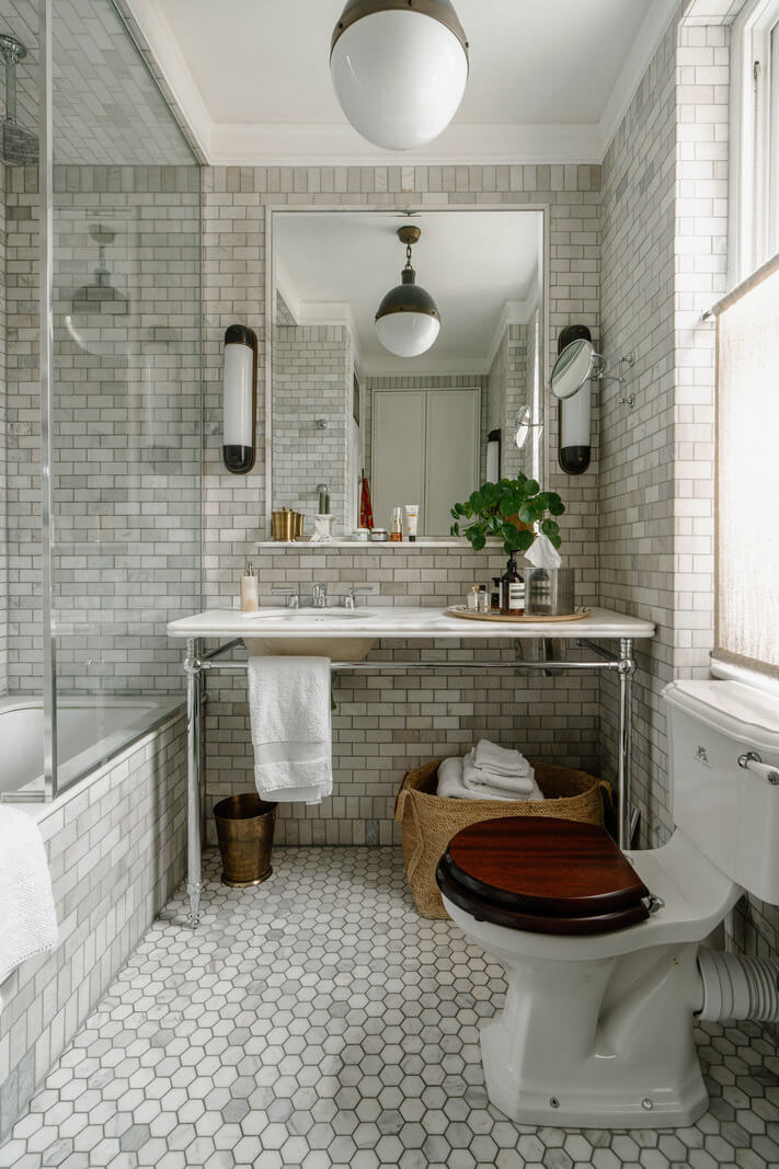 bathroom gray tiled marble sink