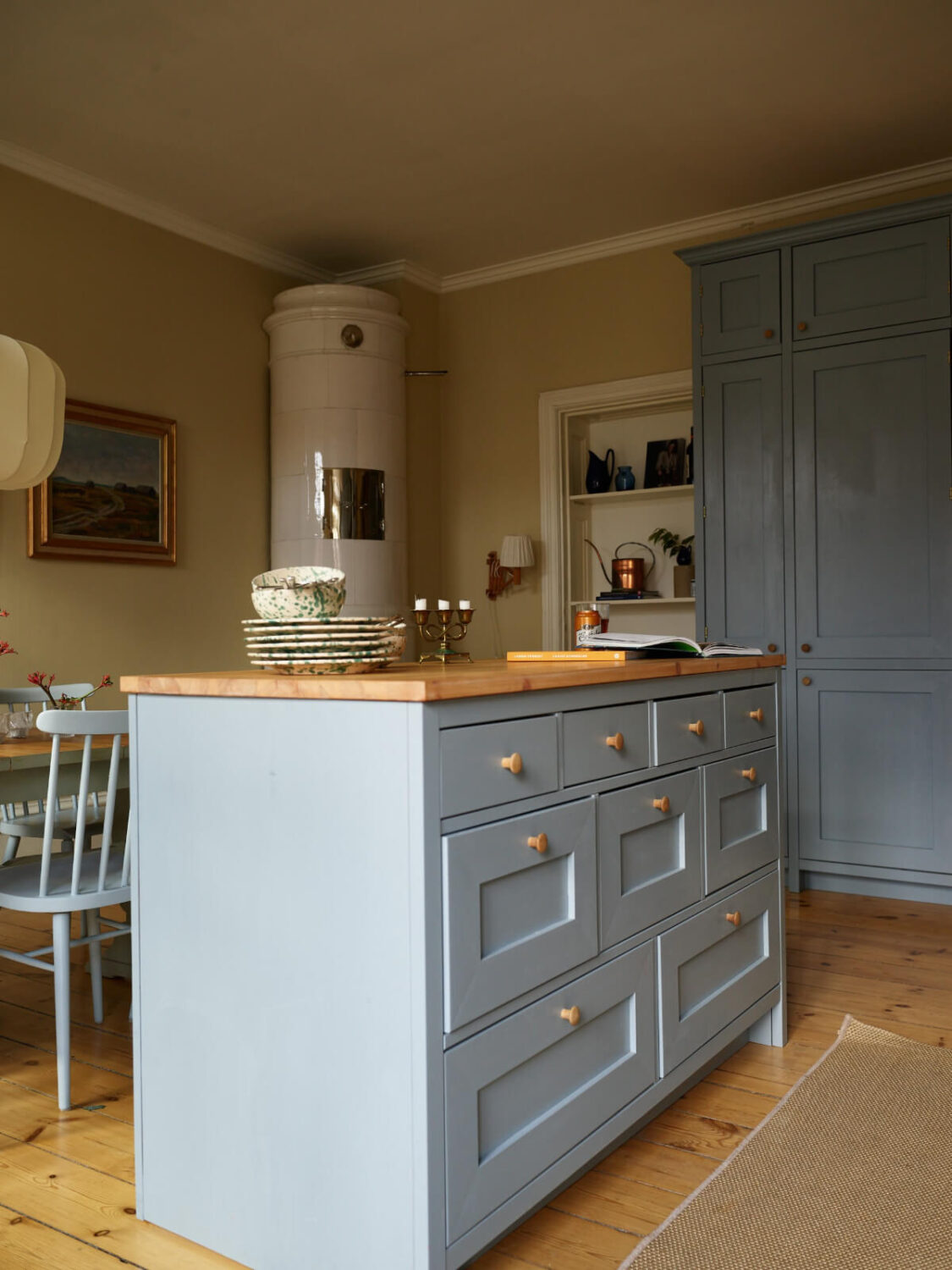 blue kitchen island with drawers