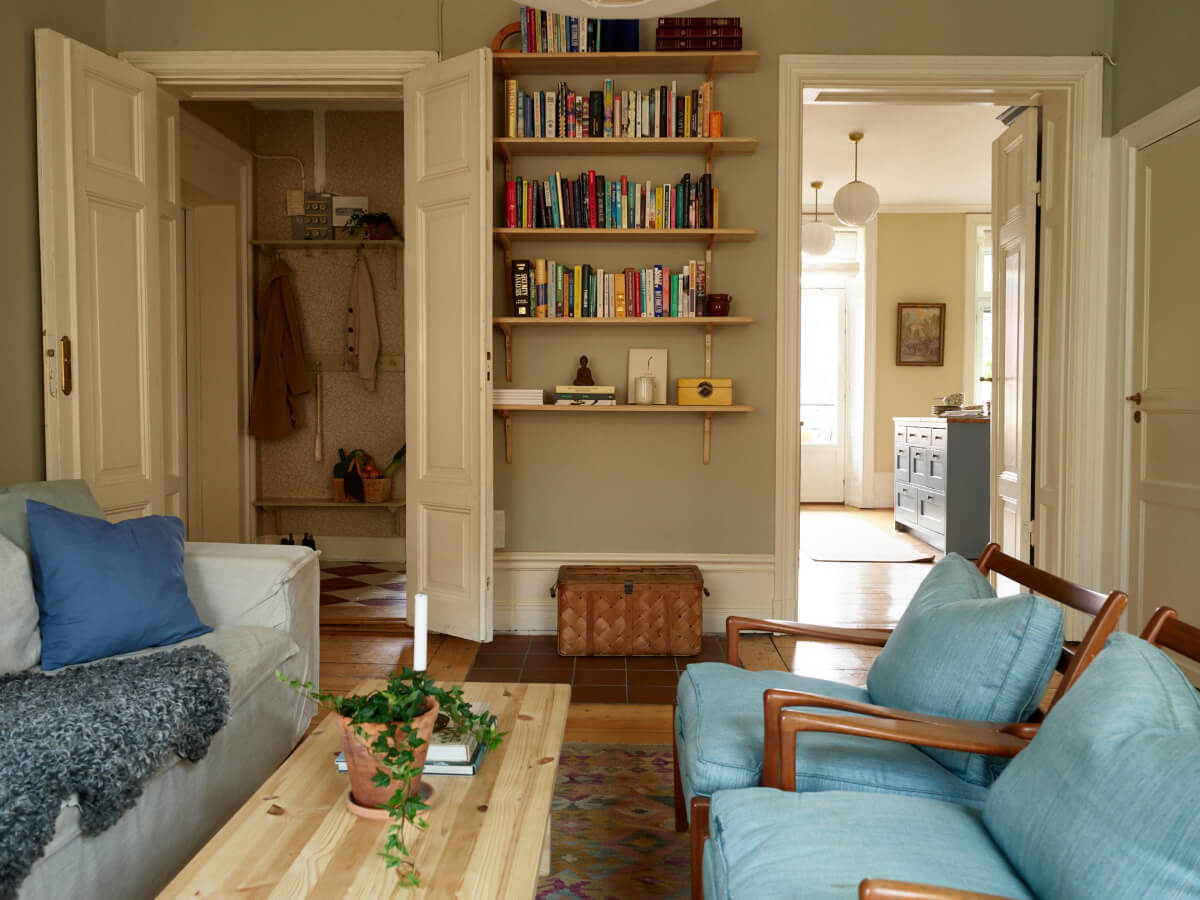 bookshelves and original wooden doors