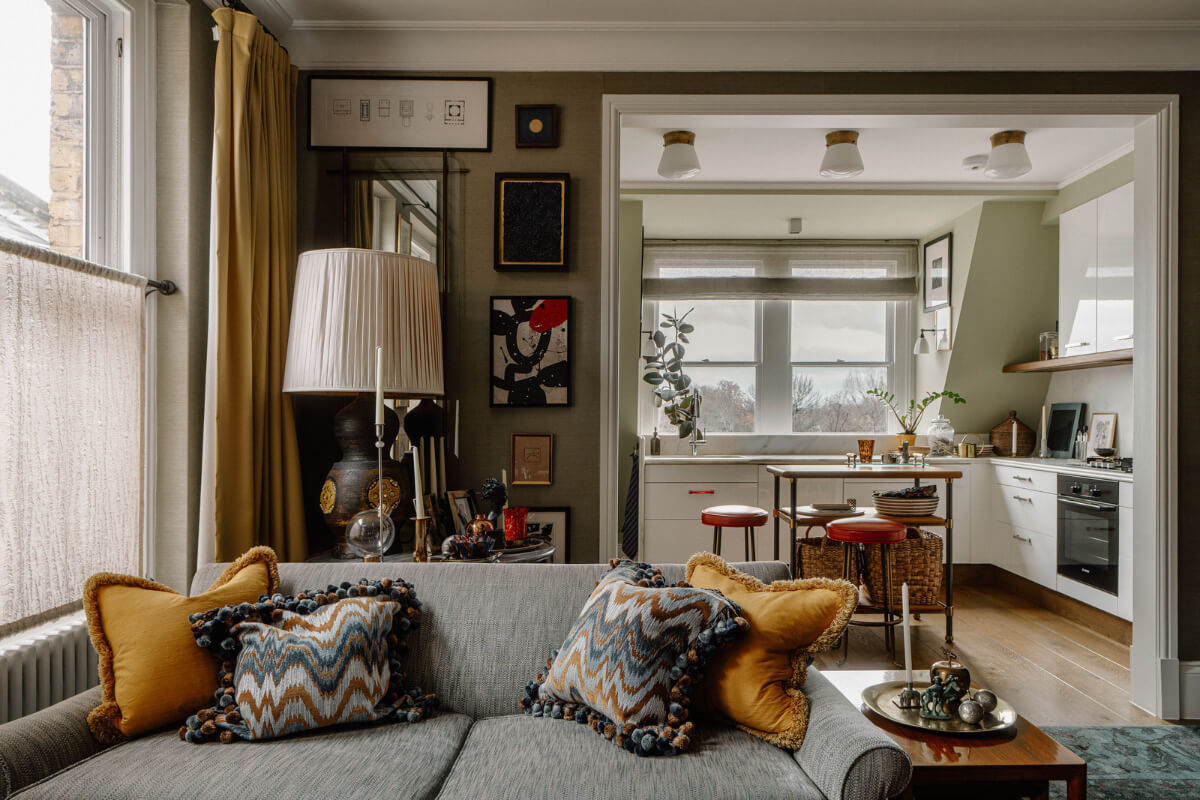 cozy art filled open plan living space