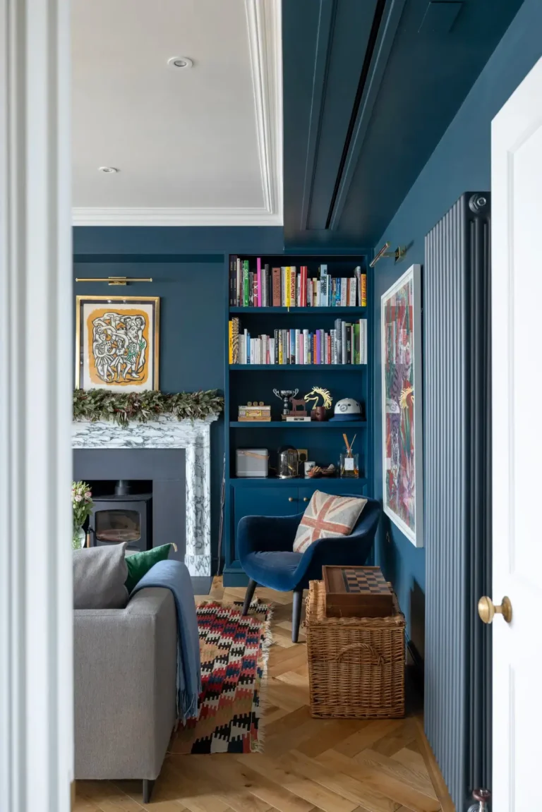 dark blue sitting room herringbone floor
