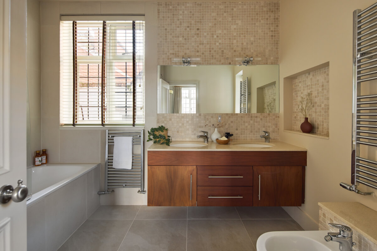 ensuite bathroom double sink wooden vanity