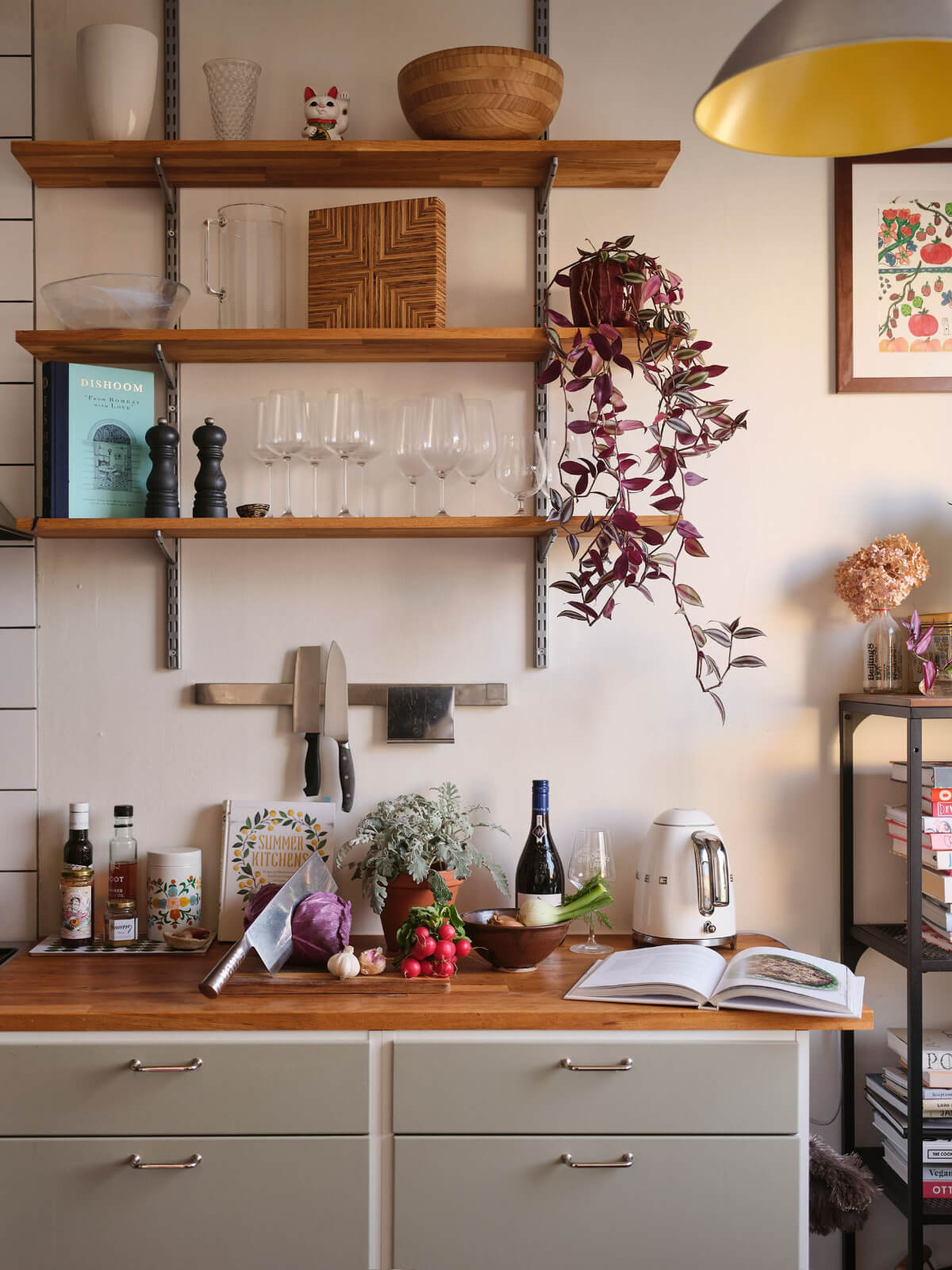 gray kitchen with shelves