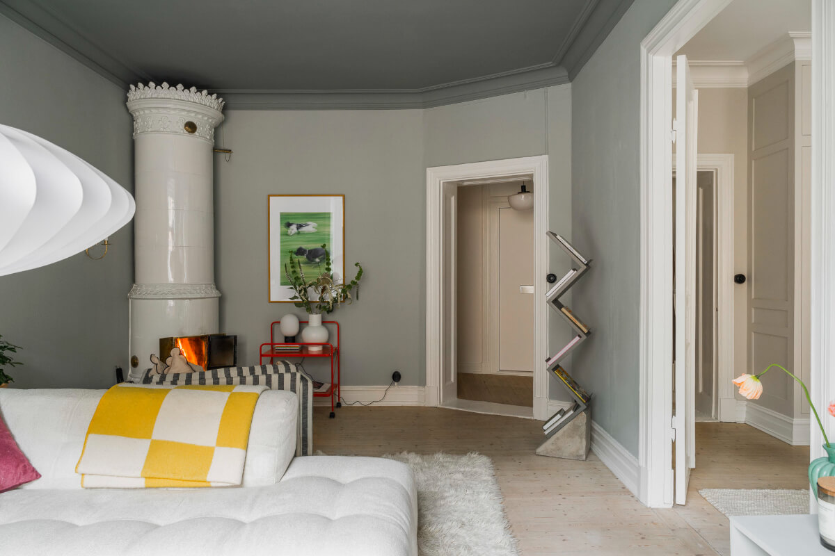 An Early 20th-Century Apartment with a Pink Kitchen 4 gray living room darker ceiling