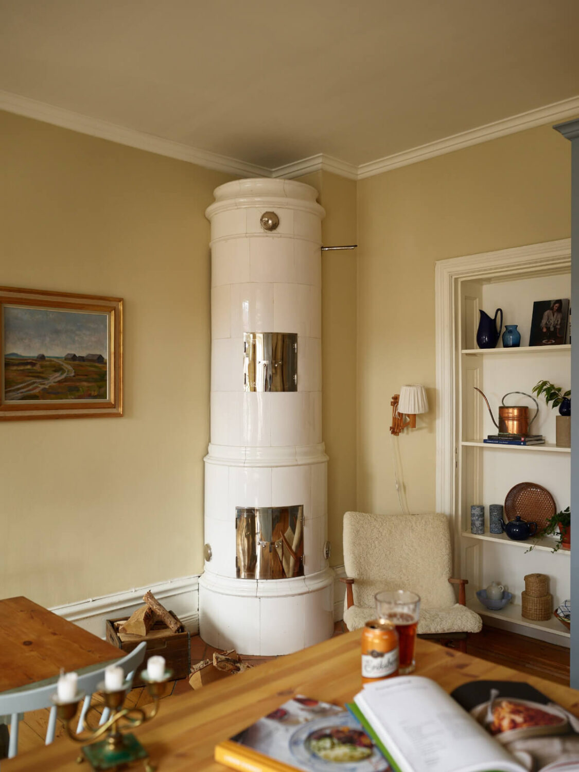 kitchen fireplace and built in shelves