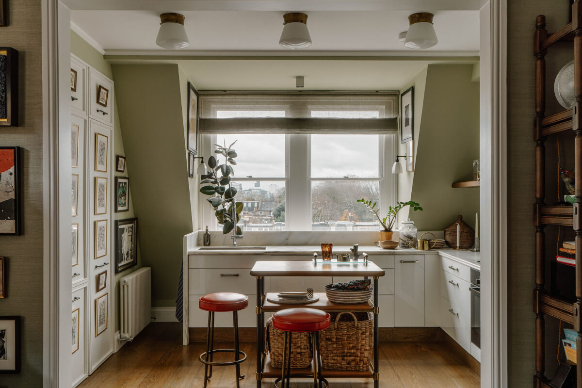 kitchen with olive green slanted walls