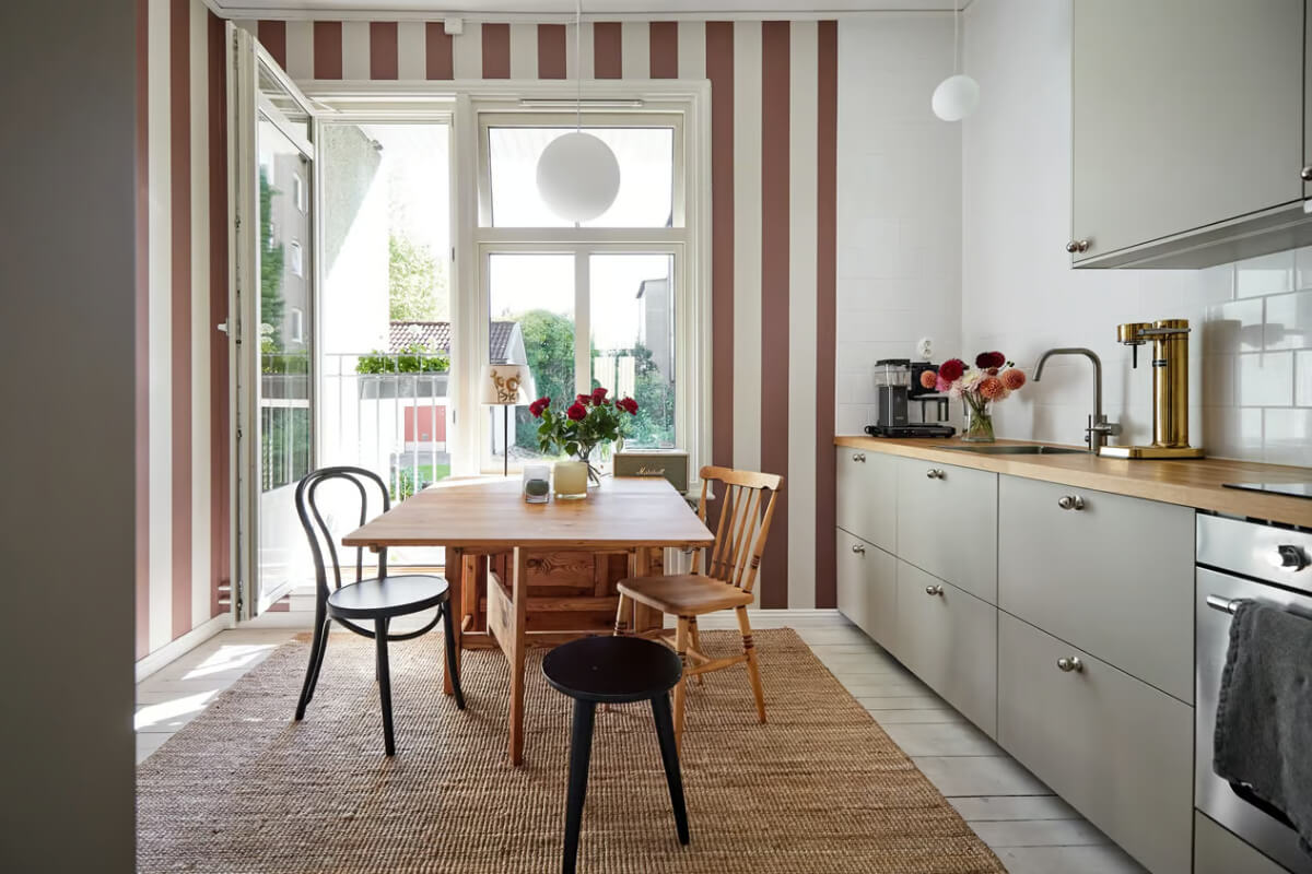 kitchen with striped wallpaper