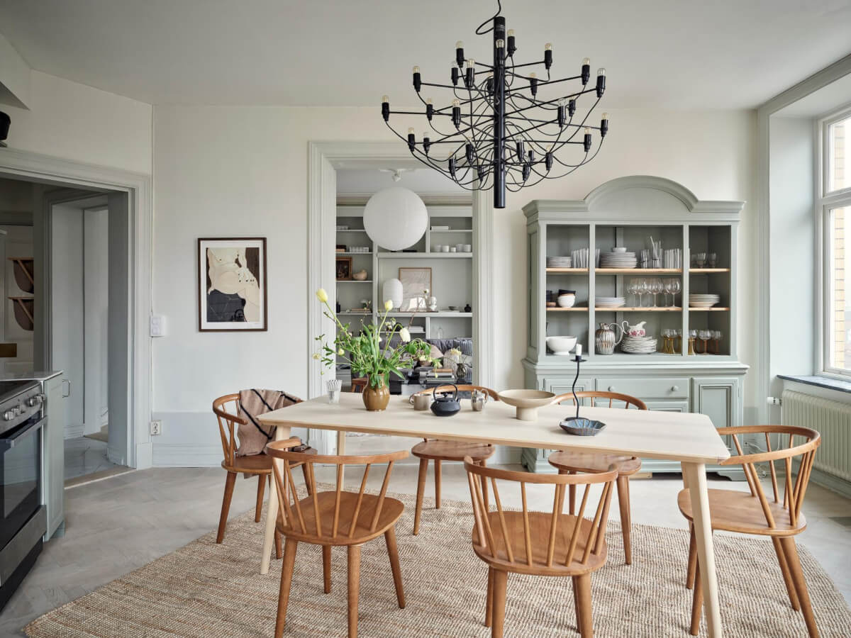 A Light Scandi Apartment in a Former Stately Home 13 large kitchen dining table jute rug